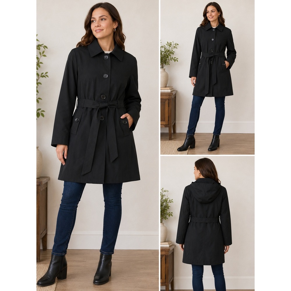 FOG by London Fog Womens XL Black Belted Trench Coat Removable Hood S725615C